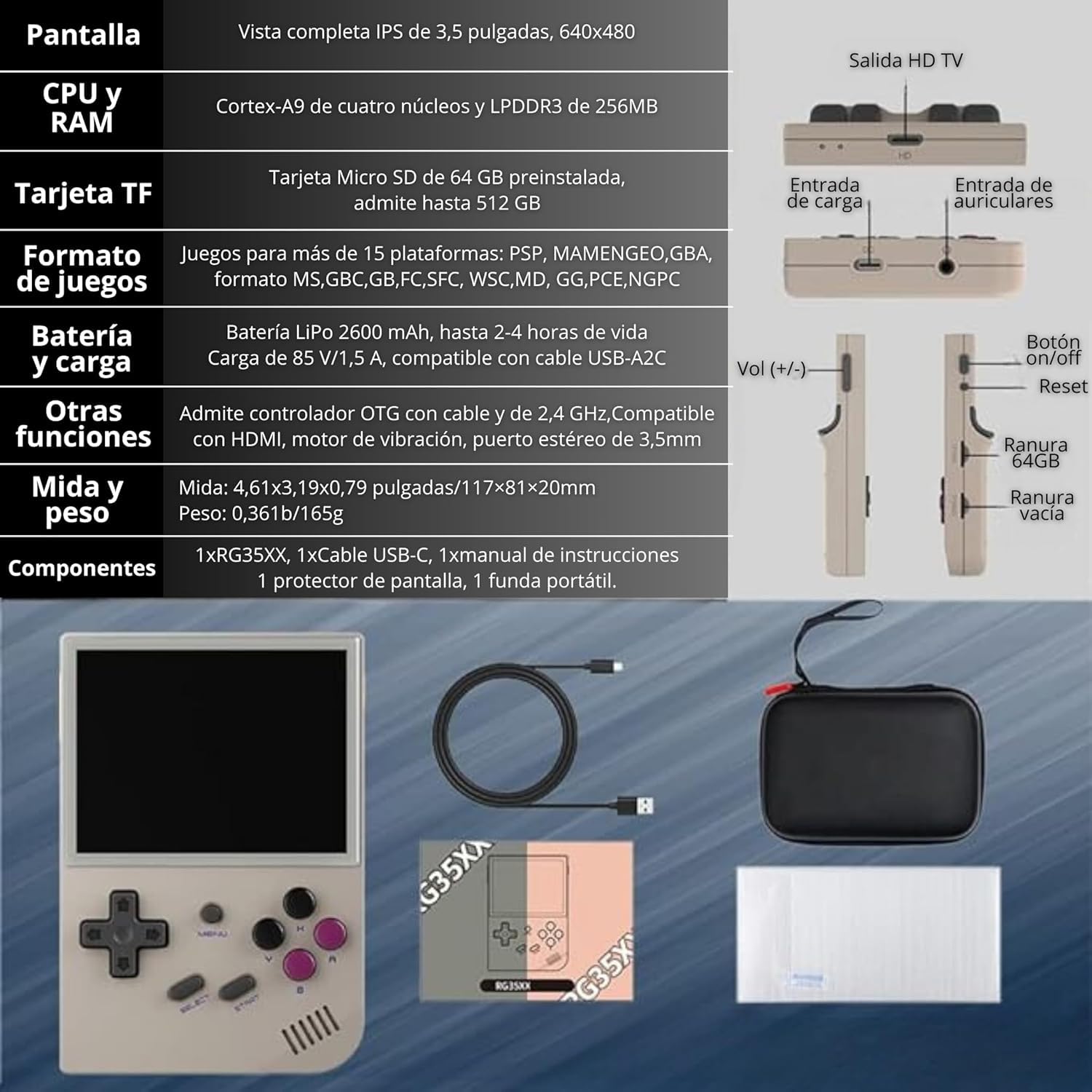 Anbernic - RG35XX Consola retro portatil 64 GB con 5.000 juegos y 30 emuladores PS1, PSP, N64, NDS, SN, GB, GBA, consolas de juegos retro, emulador clásico, consola de mano - SVP Game - Imagen 6