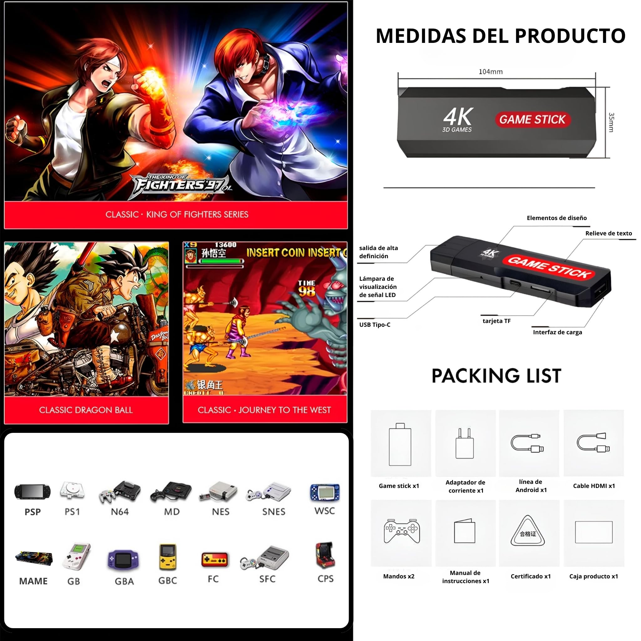 SVP Game - X2 Plus Consola de Juegos Retro, Game Stick con +30.000 Juegos Arcade +14 emuladores + Android TV - Game TV Stick, Plug & Play HDMI con 2 mandos y Control TV inalámbricos - Imagen 8