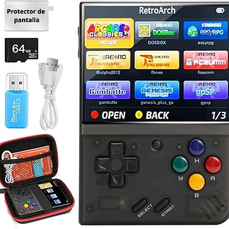 Consola de juegos retro SVP Game con pantalla de 3.5 pulgadas y accesorios.